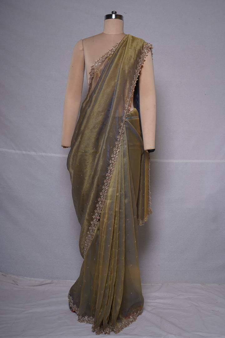 Champagne Grey Organza Saree with Hand Embroidered Border