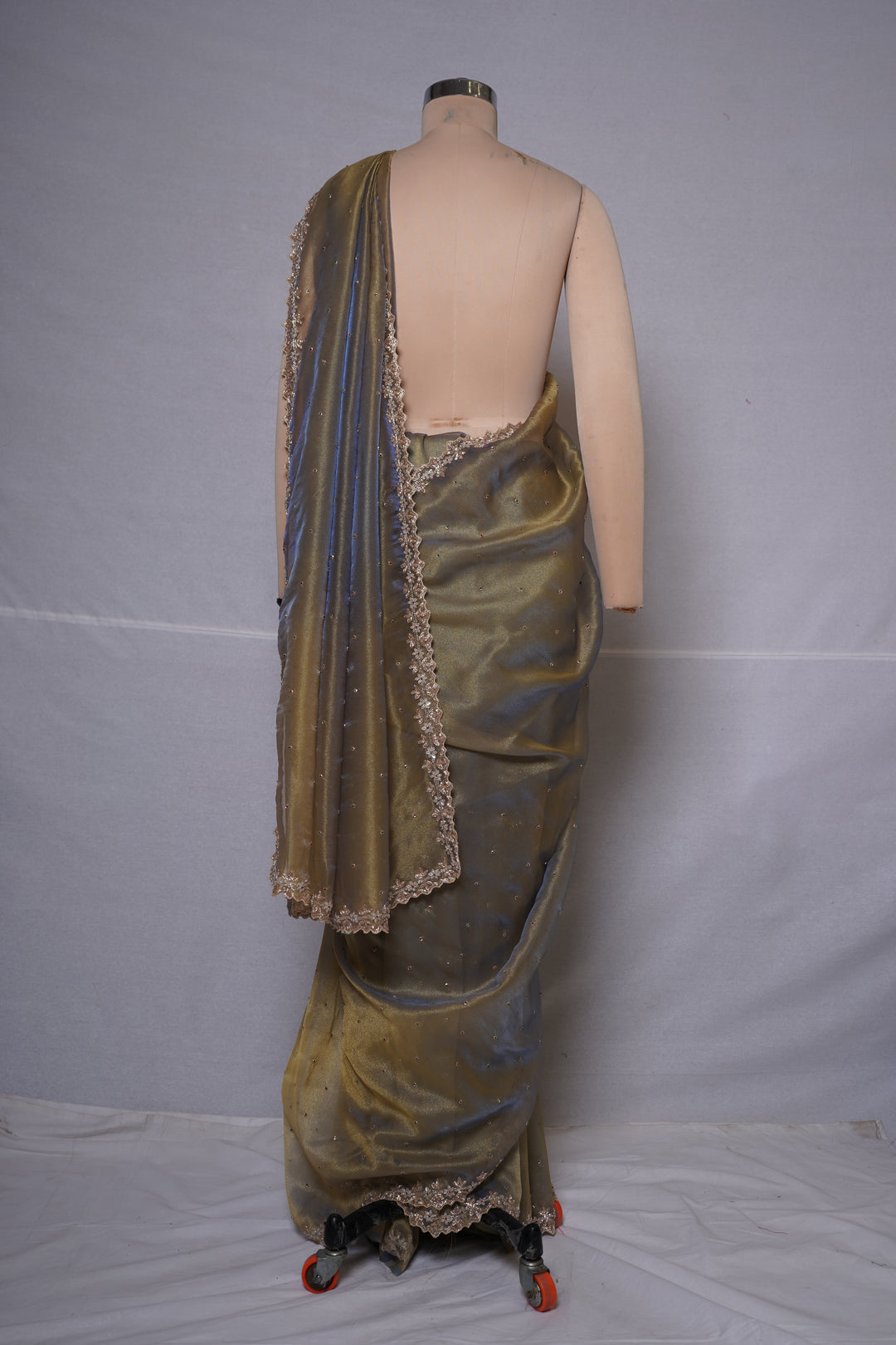 Champagne Grey Organza Saree with Hand Embroidered Border