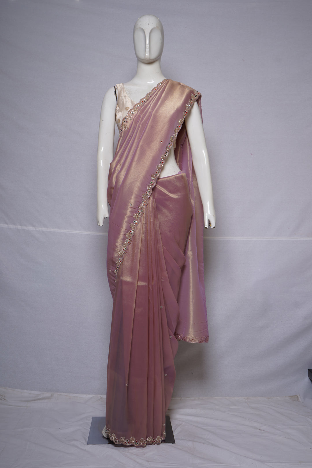 Blush Pink Tissue Silk Saree with Delicate Hand Embroidered Border