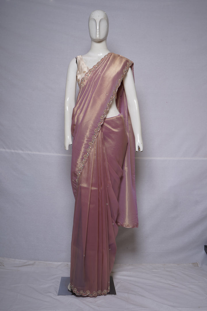 Blush Pink Tissue Silk Saree with Delicate Hand Embroidered Border