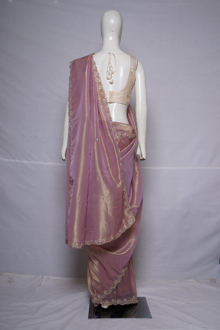 Blush Pink Tissue Silk Saree with Delicate Hand Embroidered Border