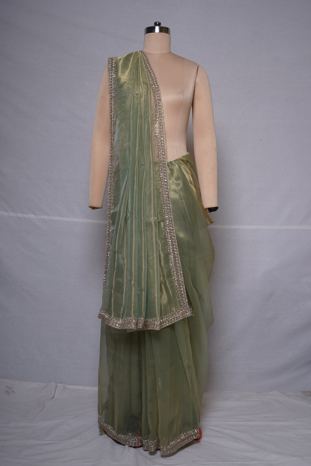 Sage Green Organza Silk Saree with Hand Embroidered Border