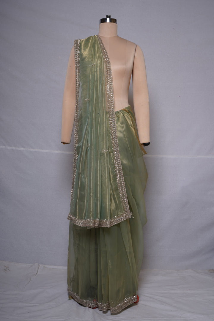 Sage Green Organza Silk Saree with Hand Embroidered Border