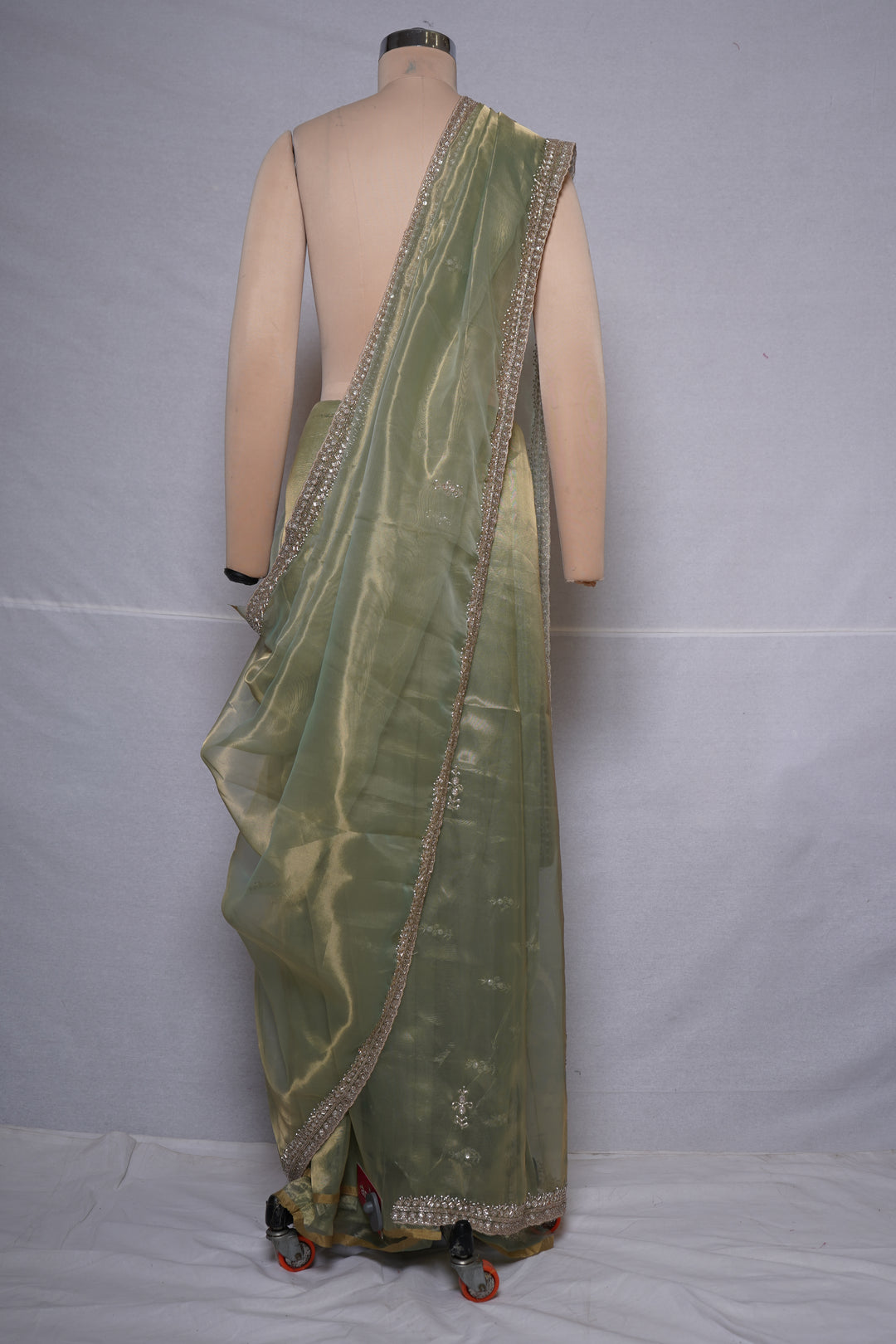 Sage Green Organza Silk Saree with Hand Embroidered Border