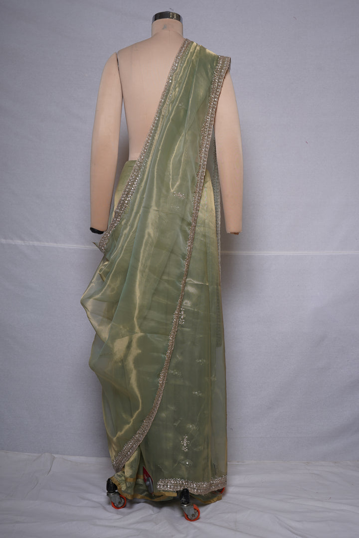 Sage Green Organza Silk Saree with Hand Embroidered Border
