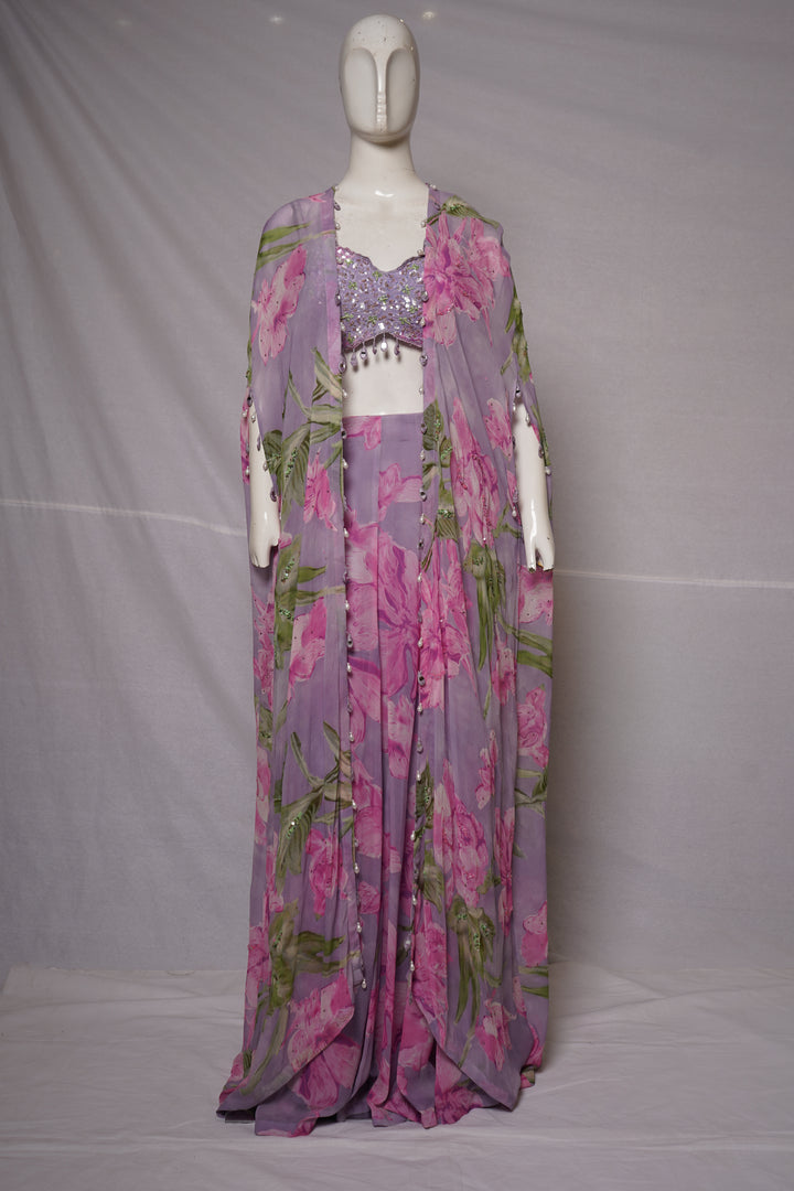 Lilac Floral Printed Cape Lehenga Set