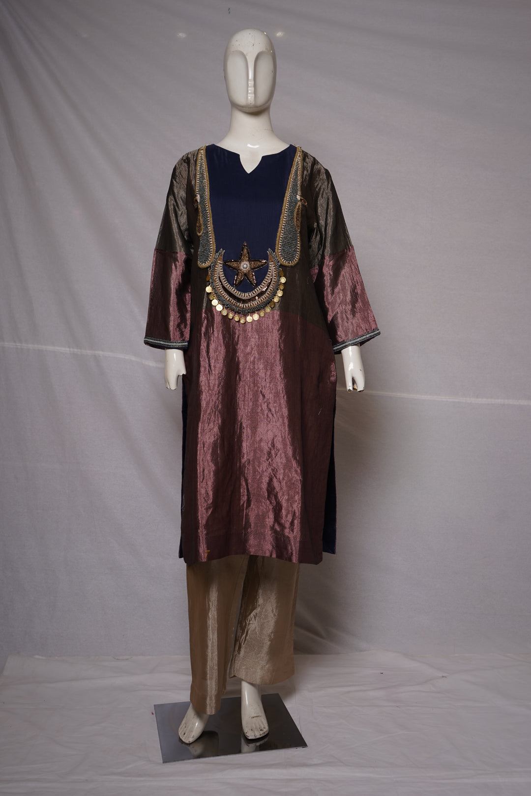 Maroon & Navy Indo-Western Kurta Set with Statement Embellished Yoke