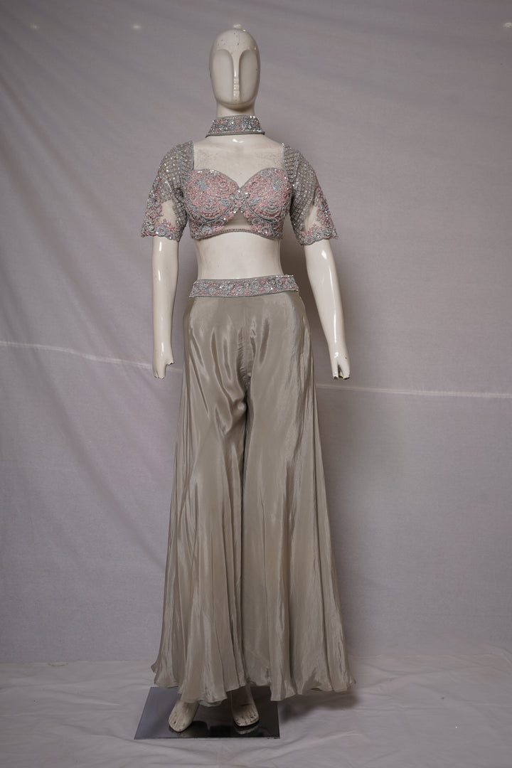 Dusty Rose Embellished Crop Top & Flared Palazzo Set