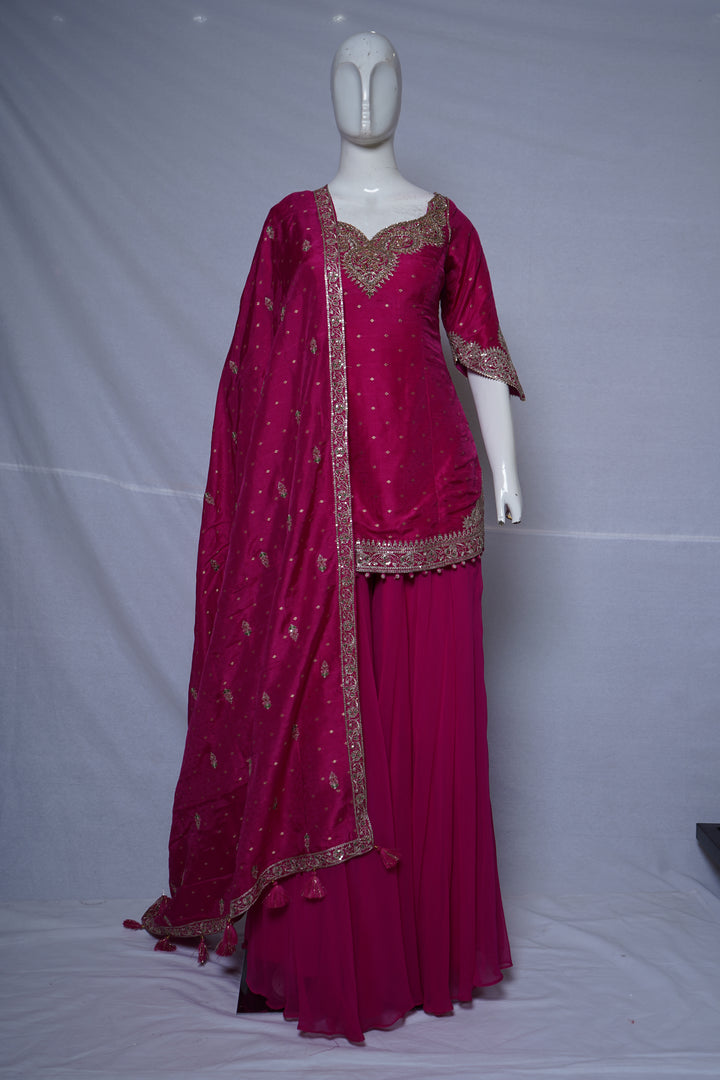 Fuchsia Pink Embroidered Kurta Sharara Set with Dupatta