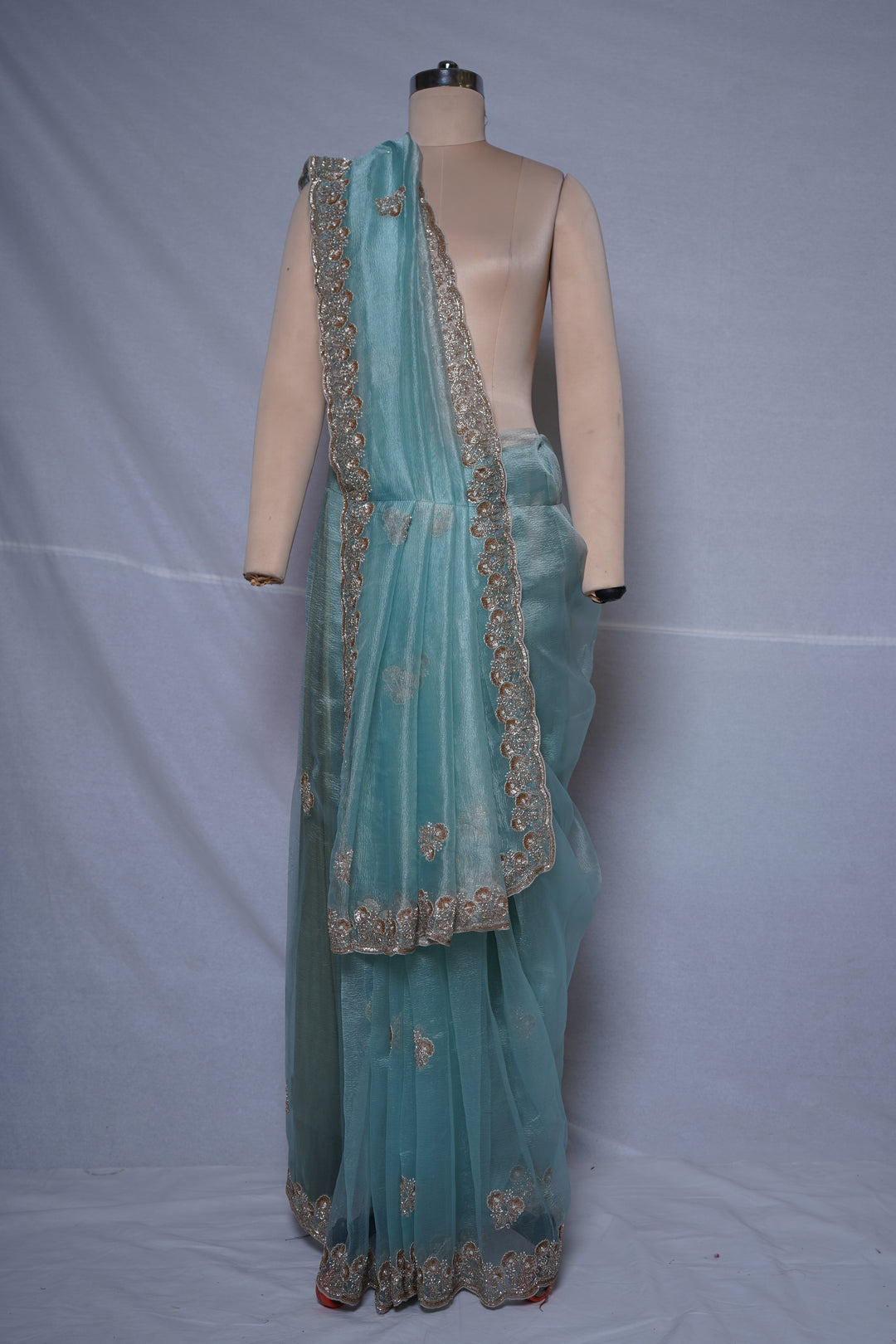 Aqua Blue Embroidered Organza Saree