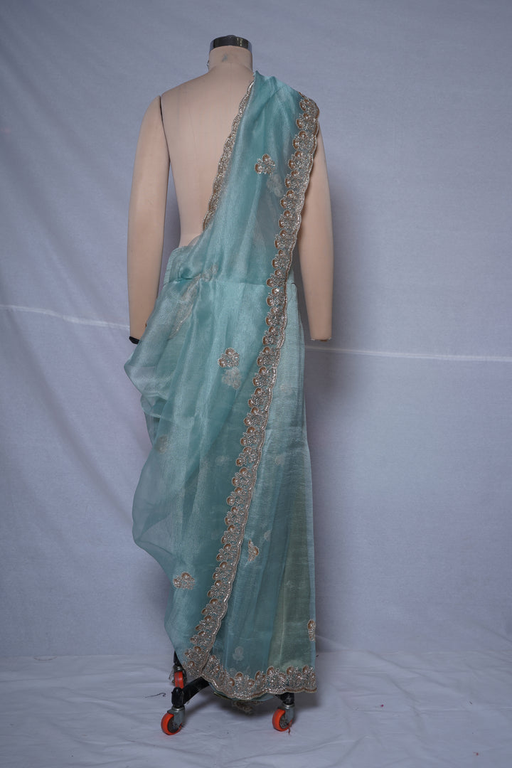 Aqua Blue Embroidered Organza Saree