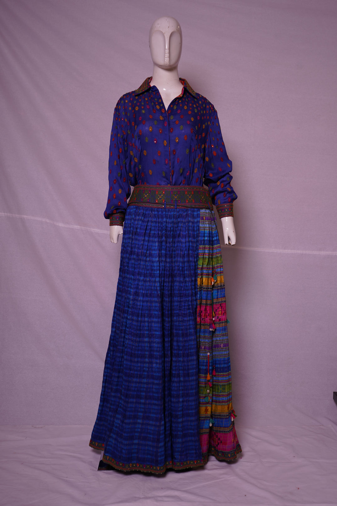 Royal Blue Printed Designer Shirt & Flared Skirt Set