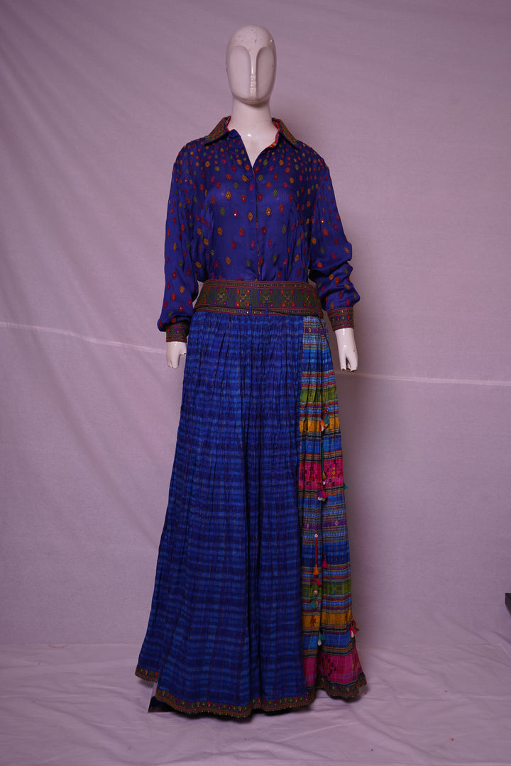 Royal Blue Printed Designer Shirt & Flared Skirt Set