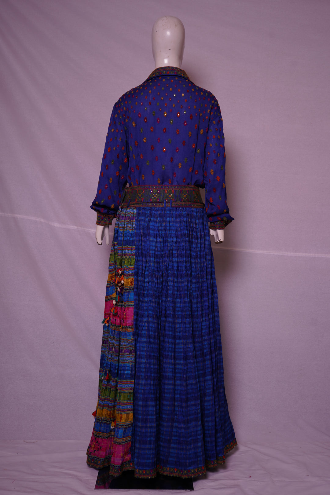 Royal Blue Printed Designer Shirt & Flared Skirt Set