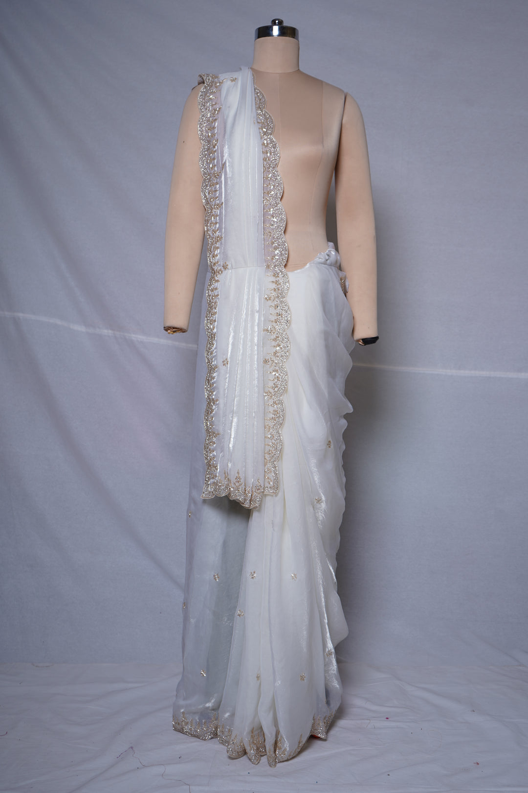 Ivory White Embroidered Organza Saree
