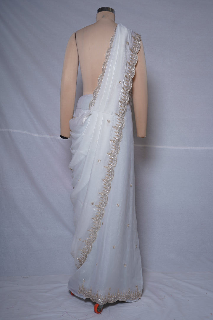 Ivory White Embroidered Organza Saree