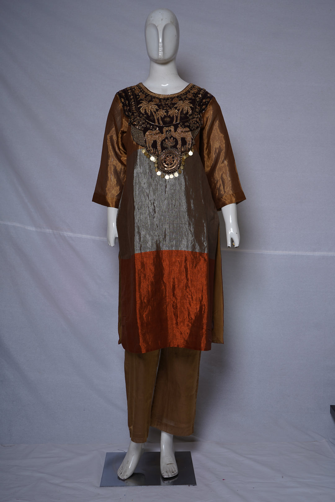 Rust Brown Embroidered Designer Kurta Pant Set