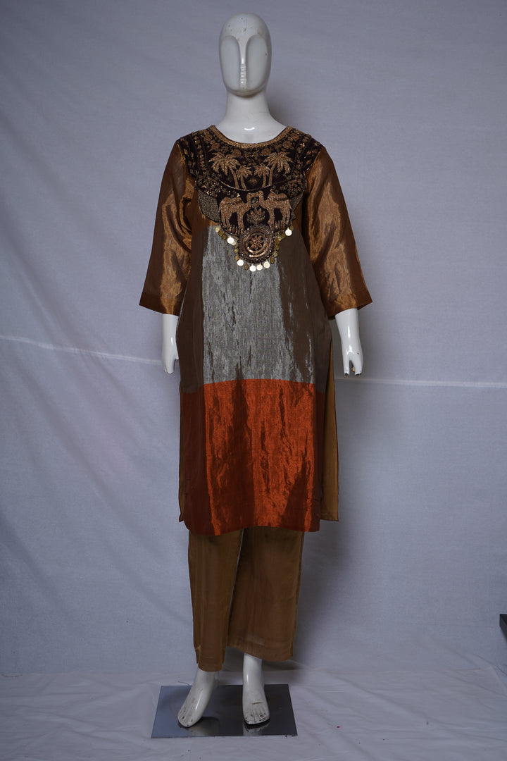 Rust Brown Embroidered Designer Kurta Pant Set