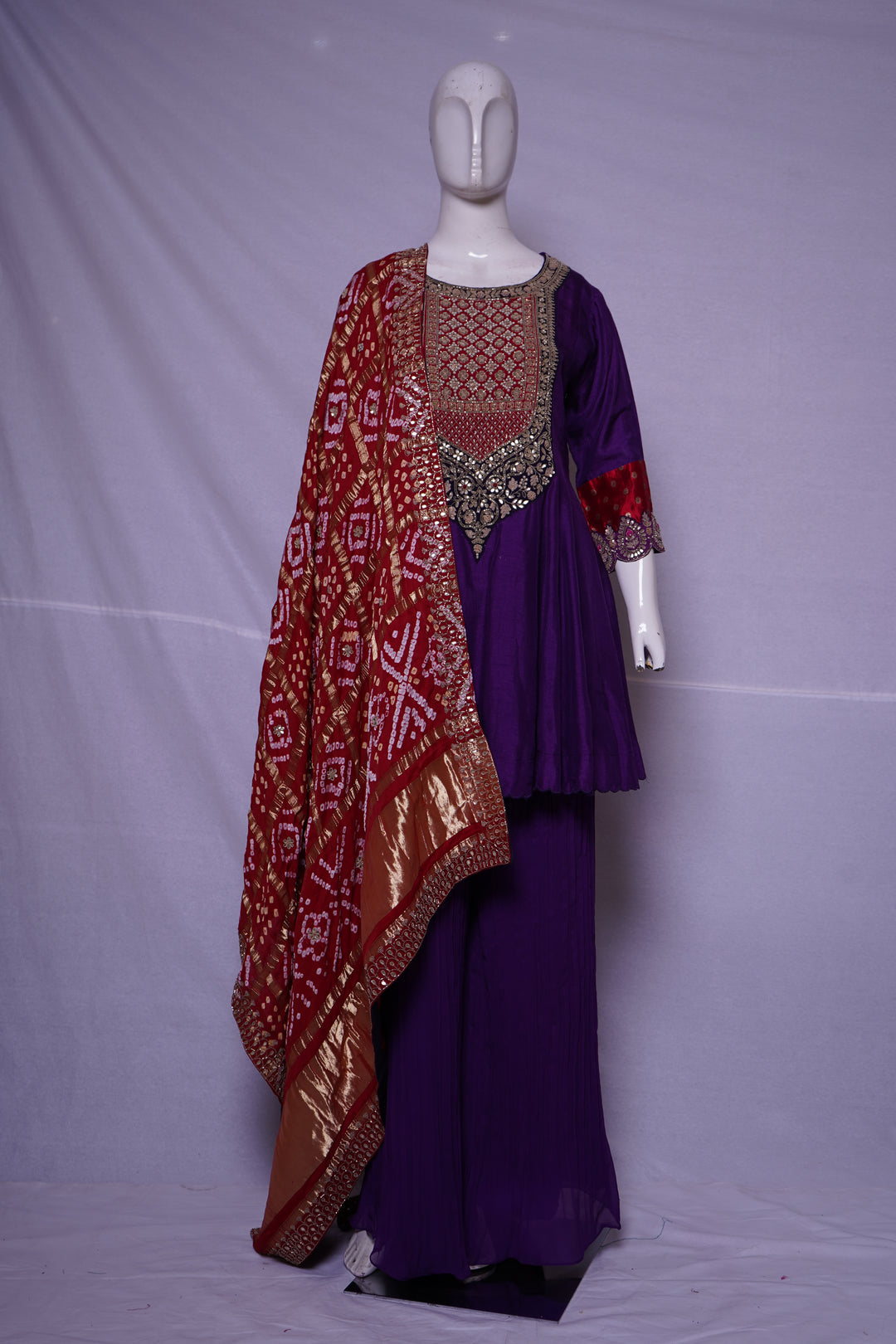 Royal Purple Embroidered Designer Sharara Set with Bandhani Dupatta