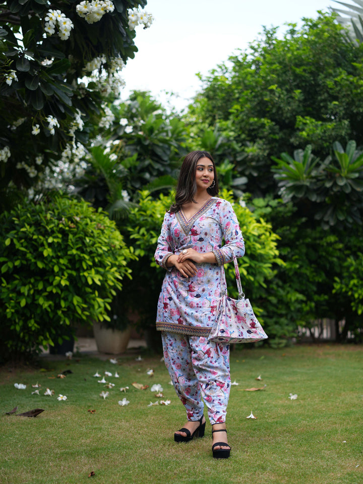 Soft Blue Floral Kurta-Pant Set with Coordinated Handbag