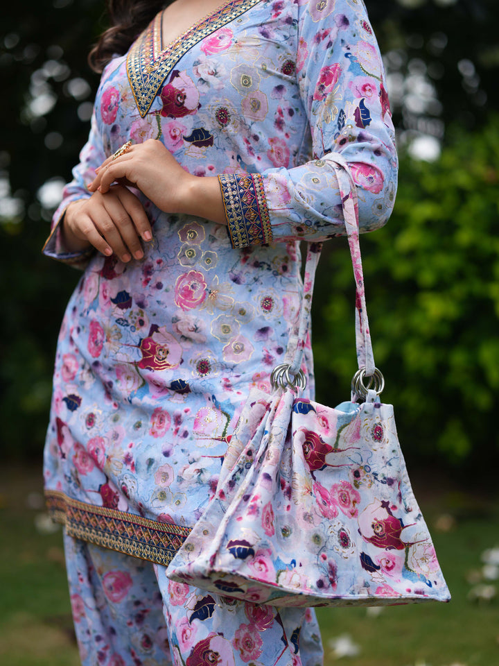 Soft Blue Floral Kurta-Pant Set with Coordinated Handbag