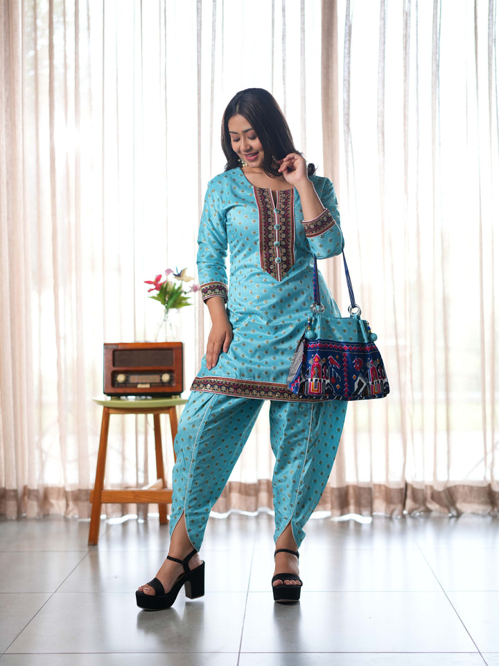 Elegant Blue Printed Cotton Suit Set with Coordinated Handbag