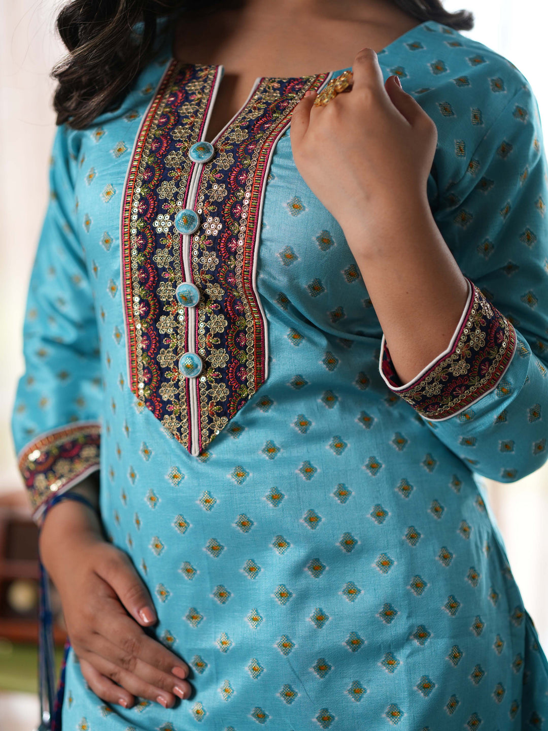 Elegant Blue Printed Cotton Suit Set with Coordinated Handbag