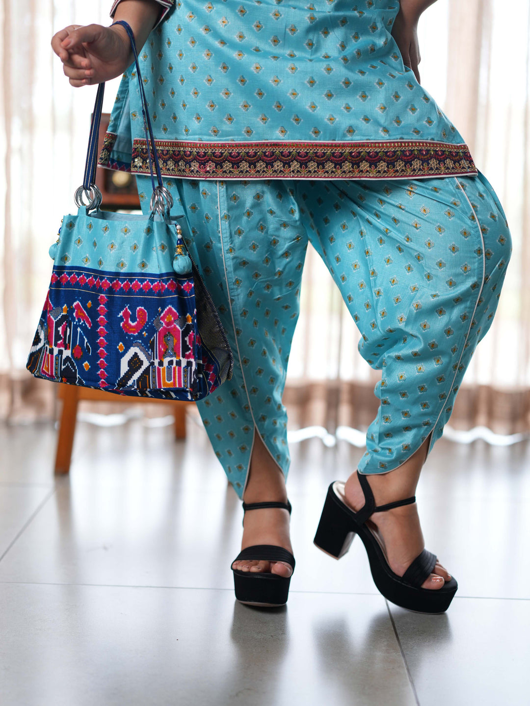 Elegant Blue Printed Cotton Suit Set with Coordinated Handbag
