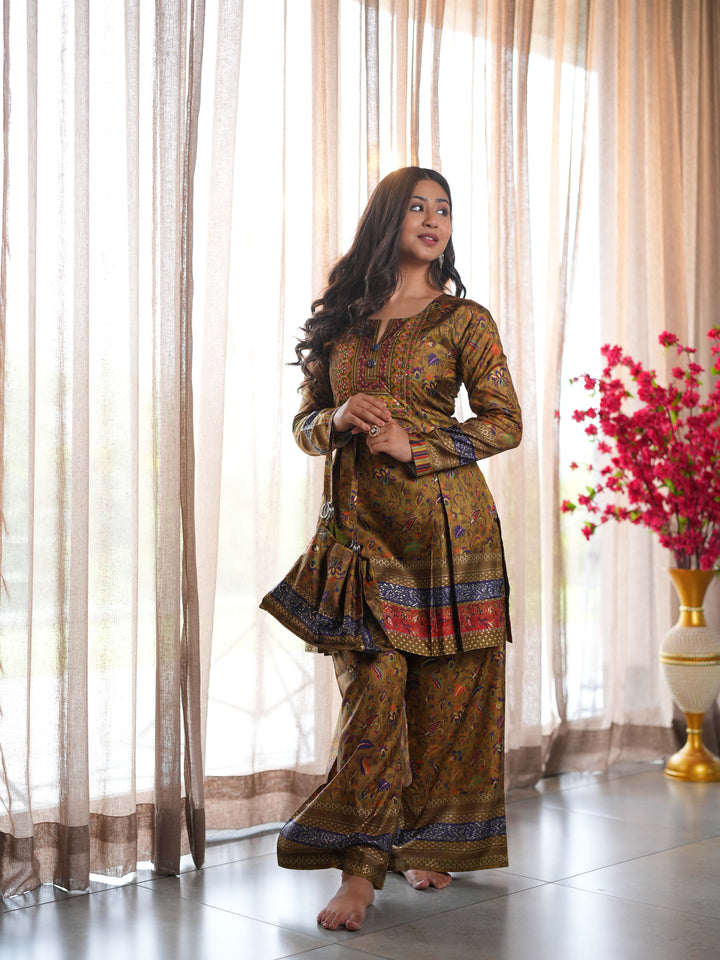 Brown Printed Cotton Ethnic Suit Set with Matching Handbag