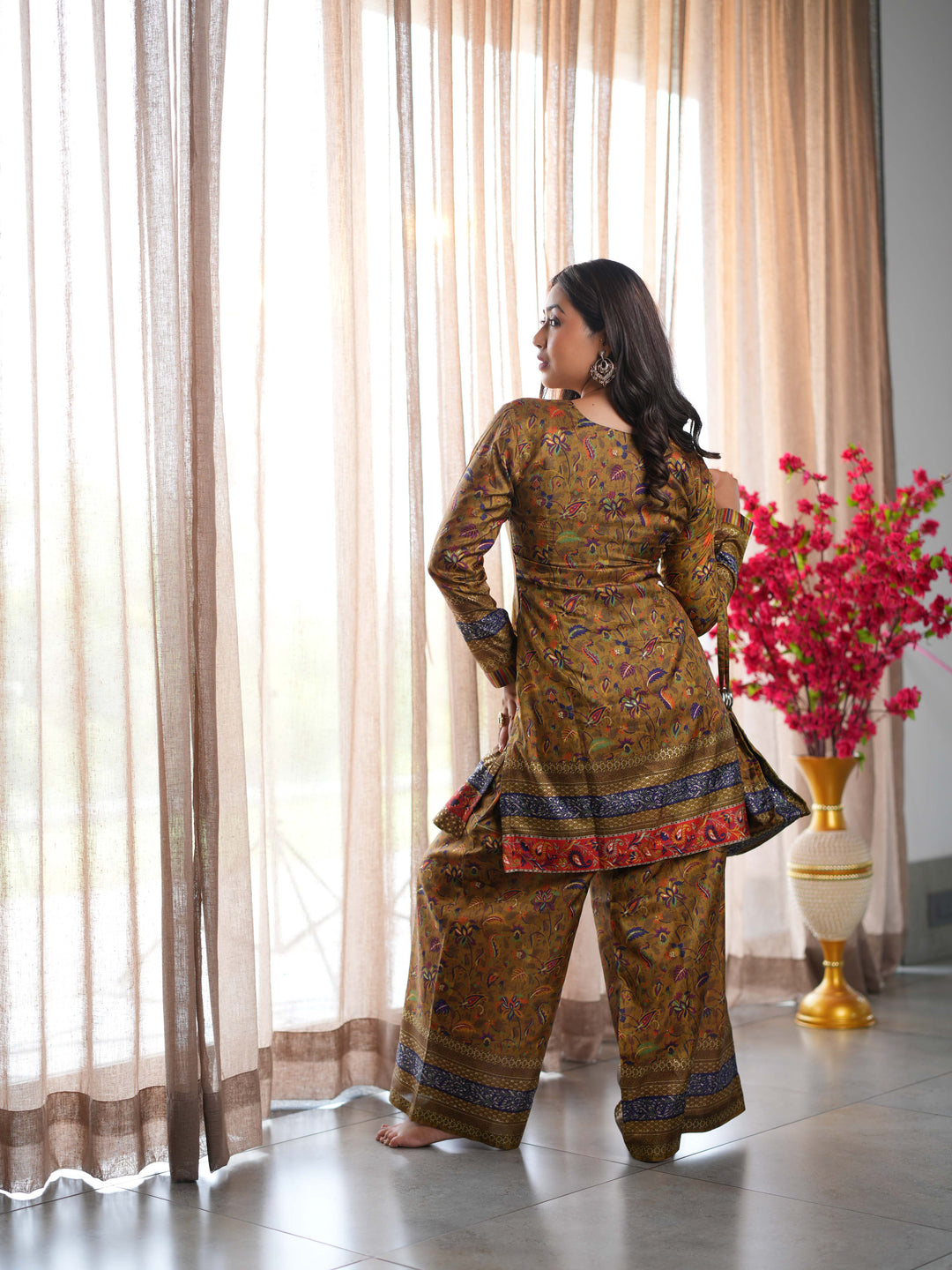 Brown Printed Cotton Ethnic Suit Set with Matching Handbag