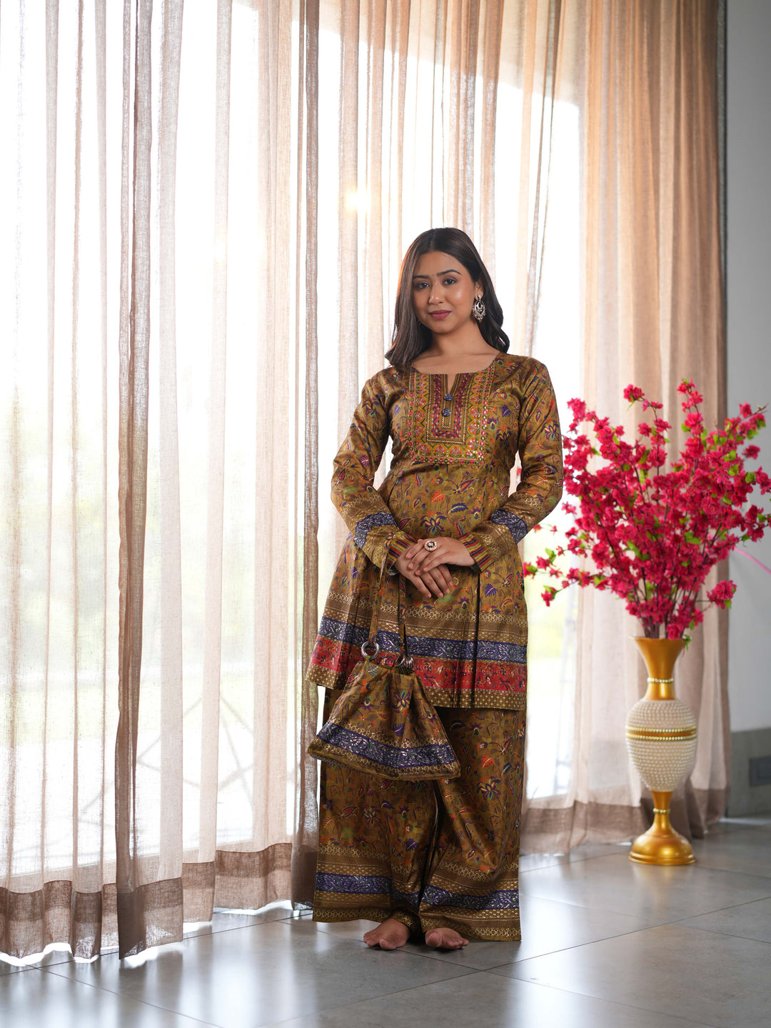 Brown Printed Cotton Ethnic Suit Set with Matching Handbag