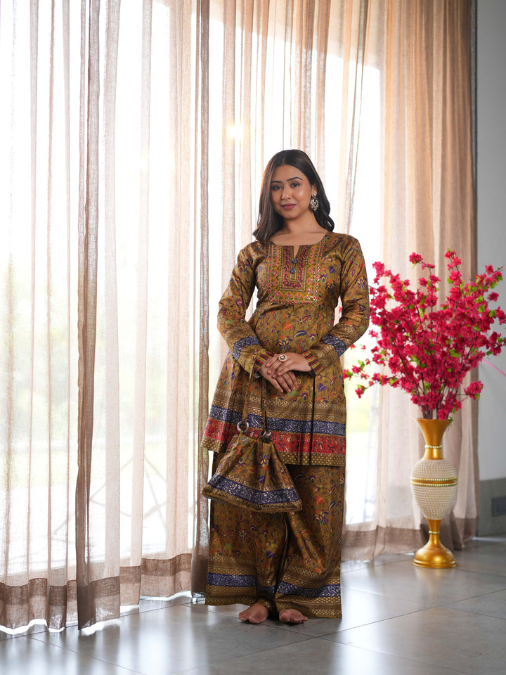 Brown Printed Cotton Ethnic Suit Set with Matching Handbag