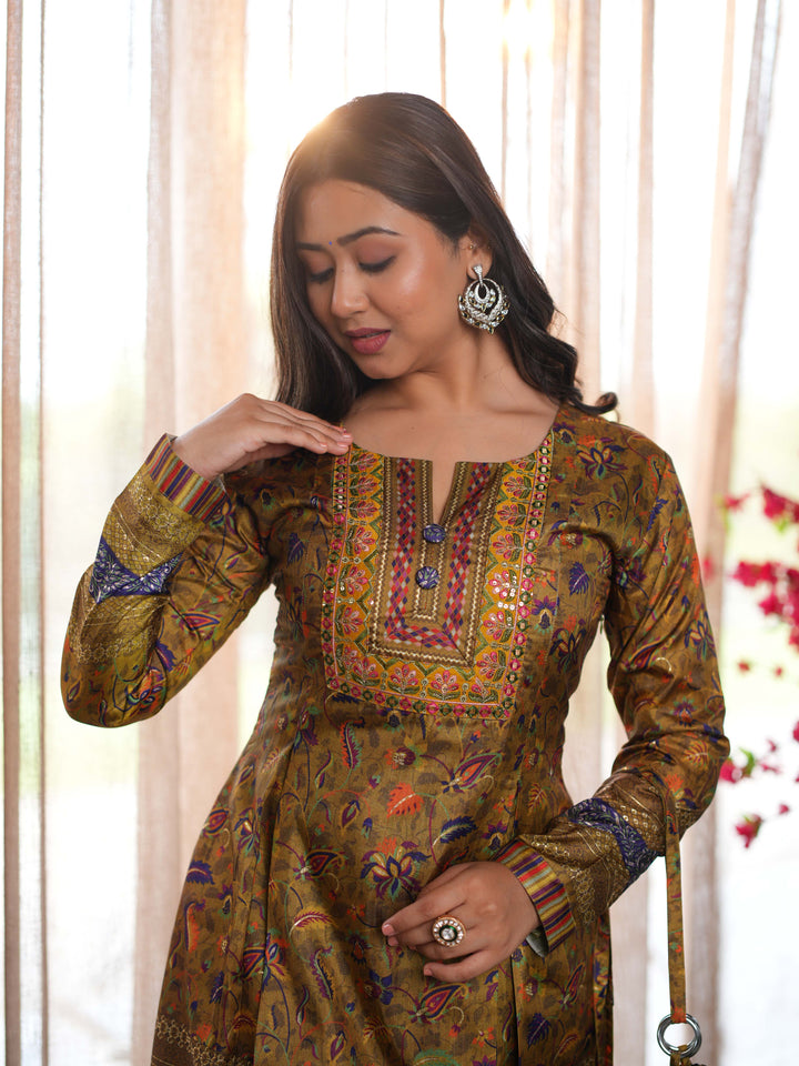 Brown Printed Cotton Ethnic Suit Set with Matching Handbag
