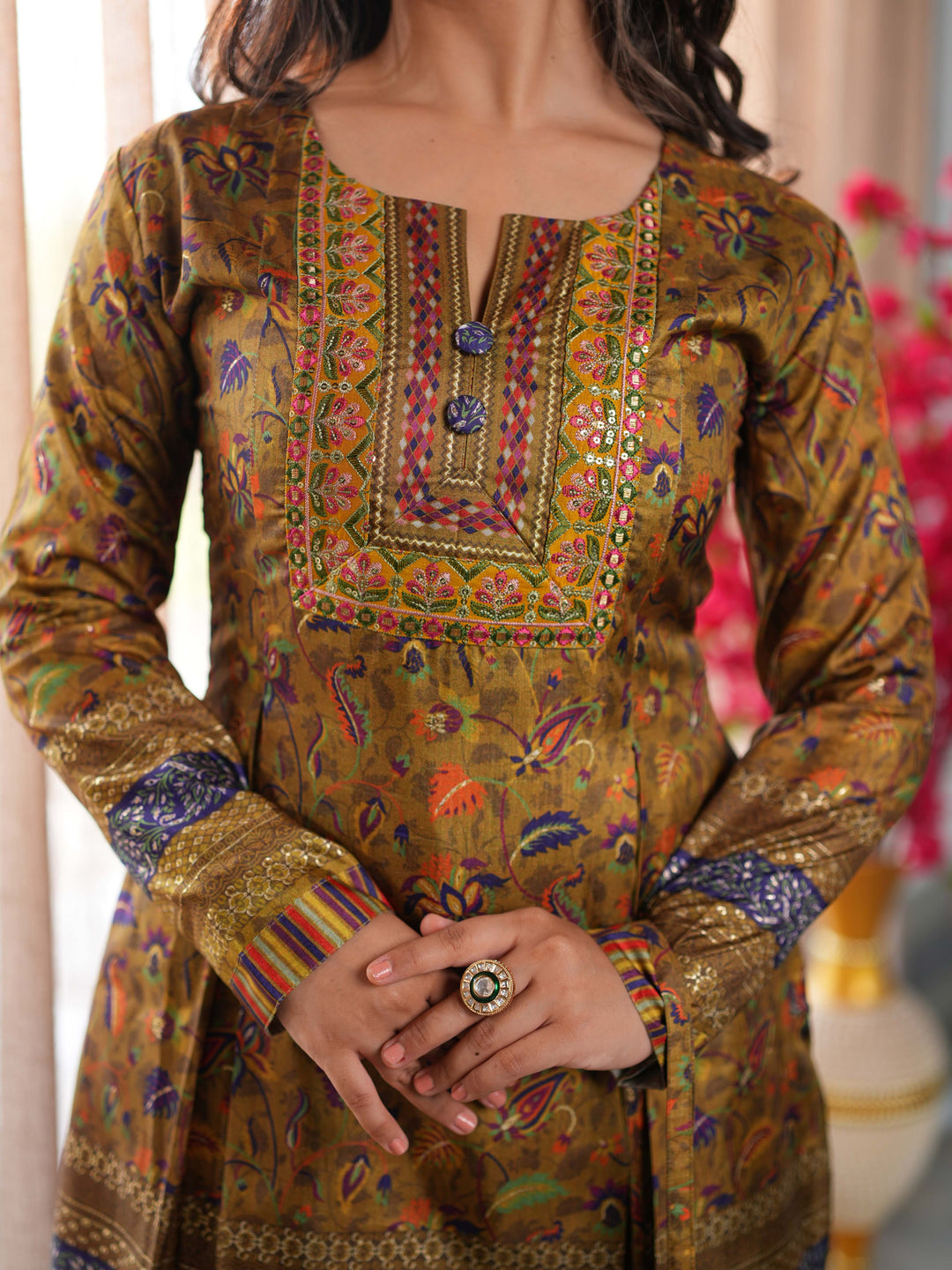 Brown Printed Cotton Ethnic Suit Set with Matching Handbag