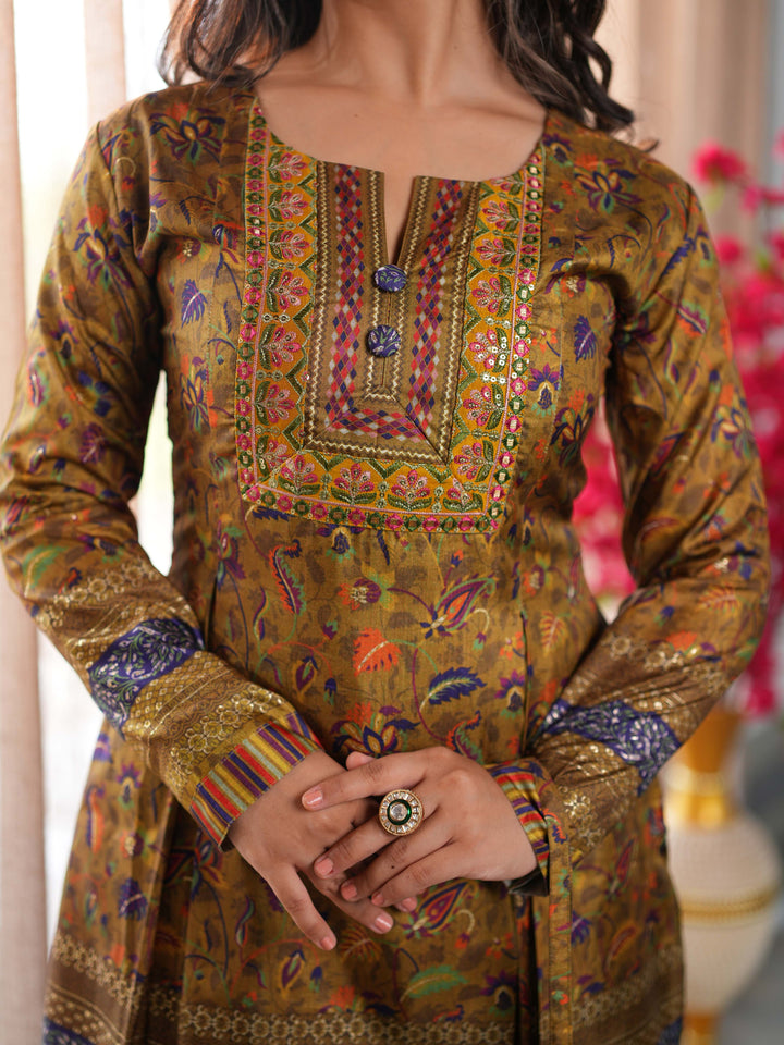 Brown Printed Cotton Ethnic Suit Set with Matching Handbag