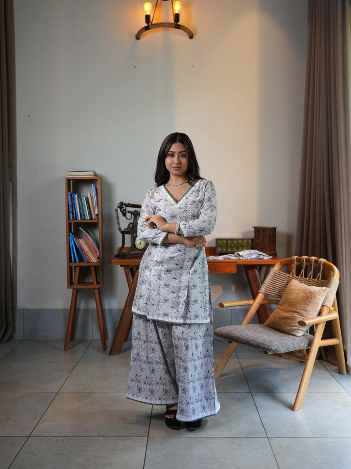 White Printed Cotton Sharara Set with Matching Kurta