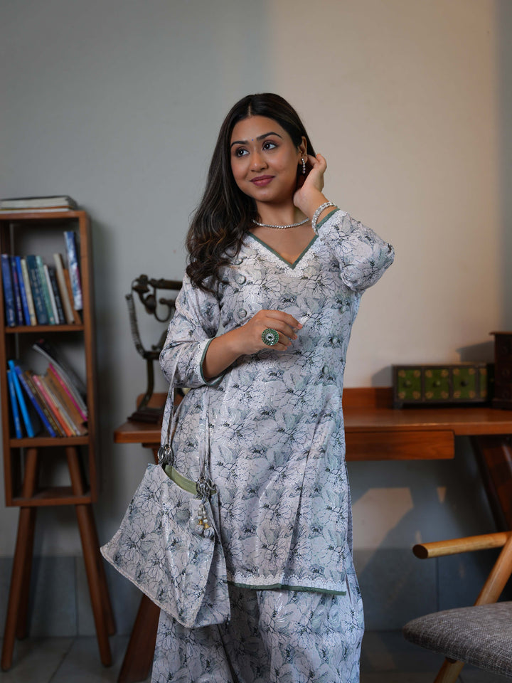 White Printed Cotton Sharara Set with Matching Kurta