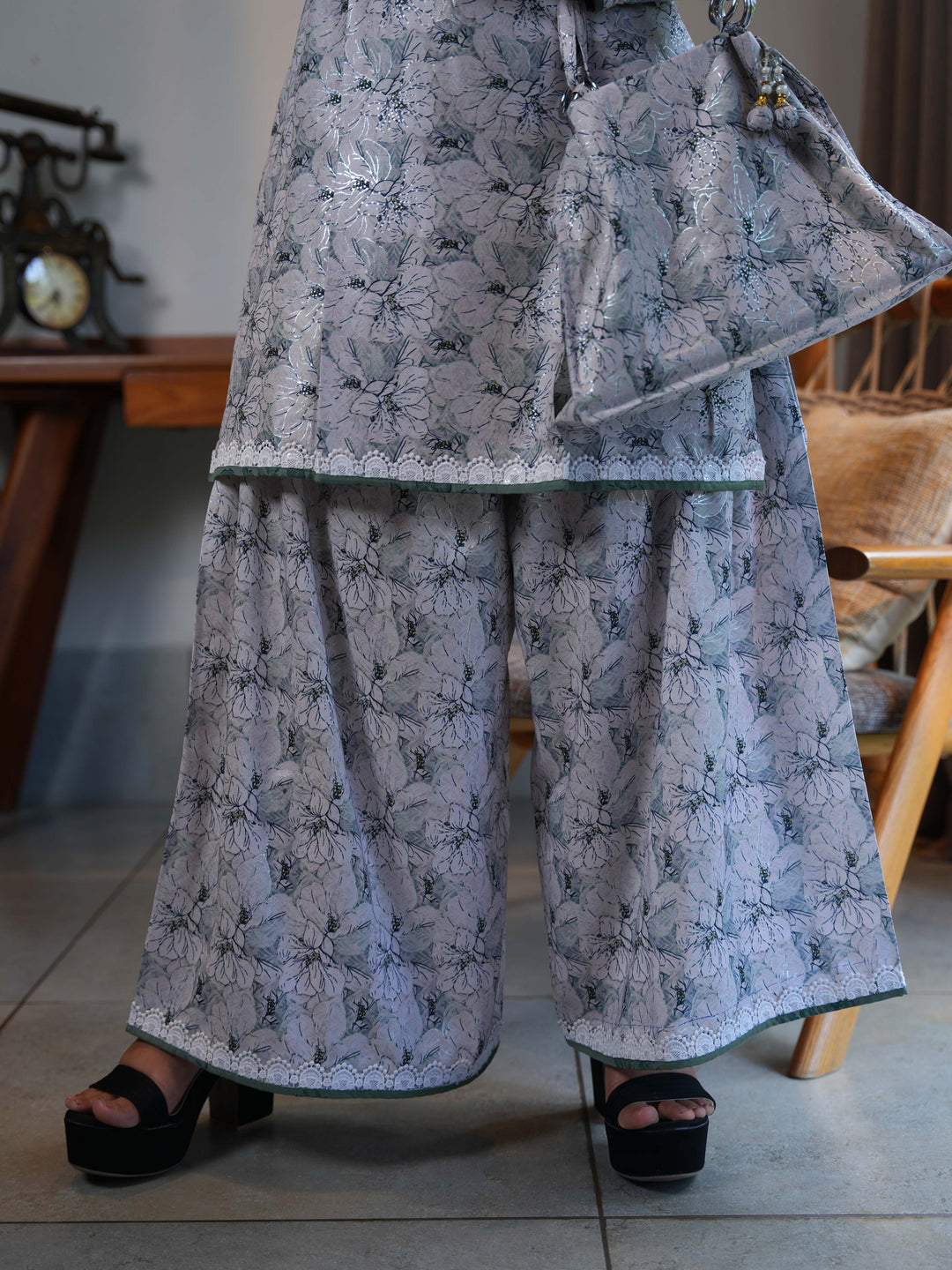 White Printed Cotton Sharara Set with Matching Kurta