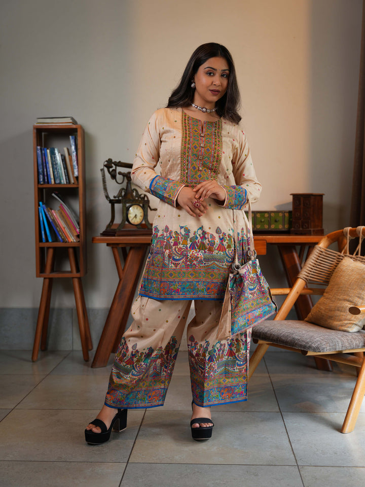 Beige Multicolor Cotton Printed Kurta-Pant Set with Handbag