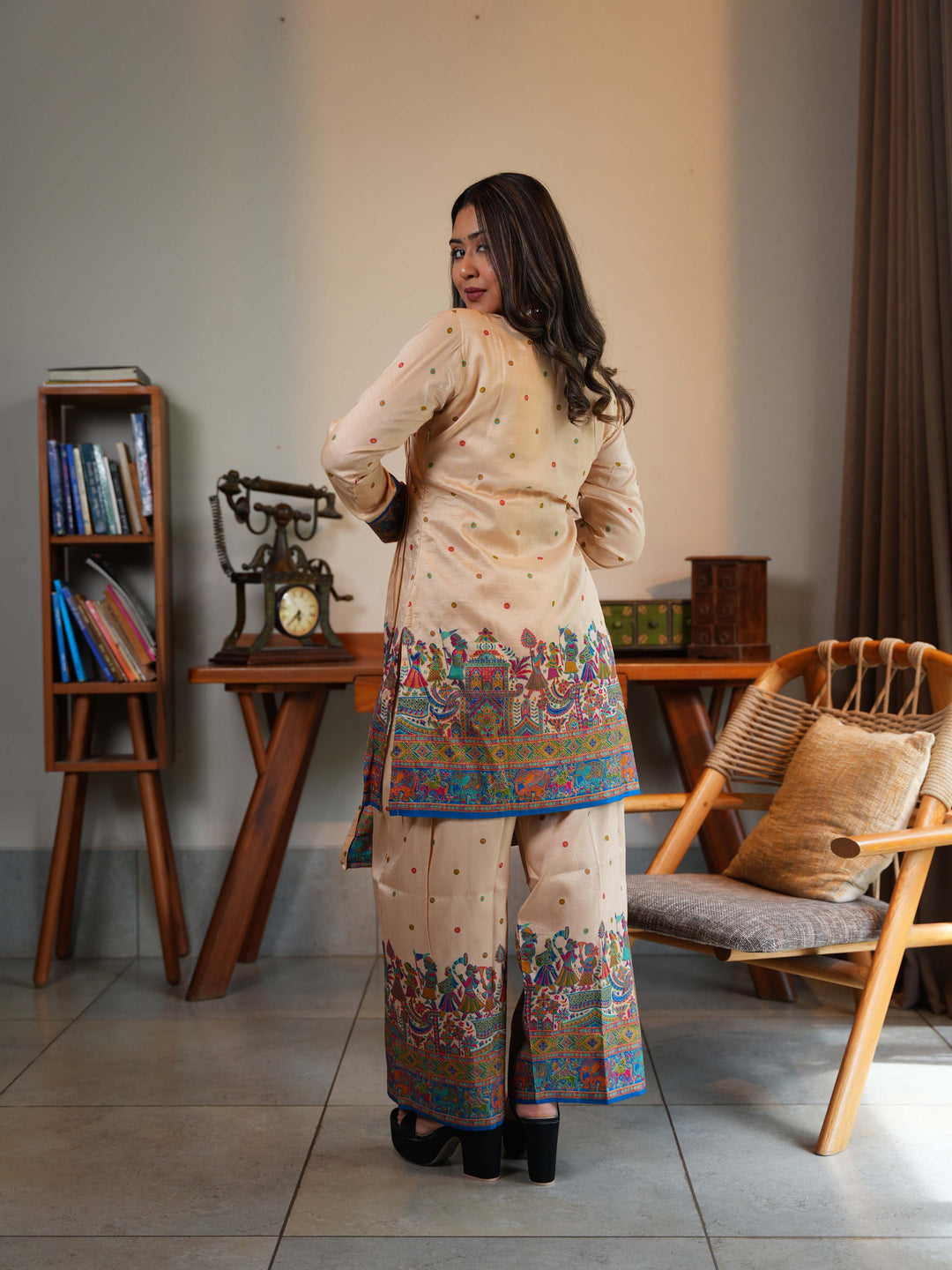 Beige Multicolor Cotton Printed Kurta-Pant Set with Handbag