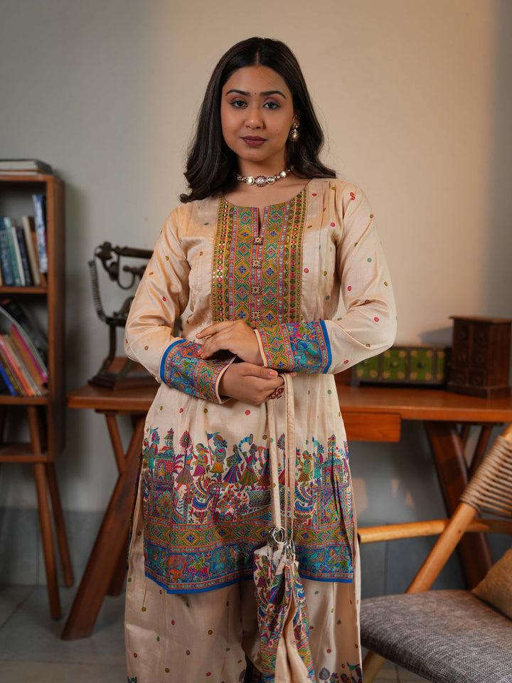 Beige Multicolor Cotton Printed Kurta-Pant Set with Handbag