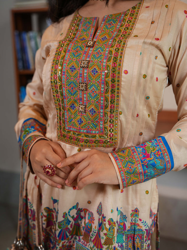 Beige Multicolor Cotton Printed Kurta-Pant Set with Handbag