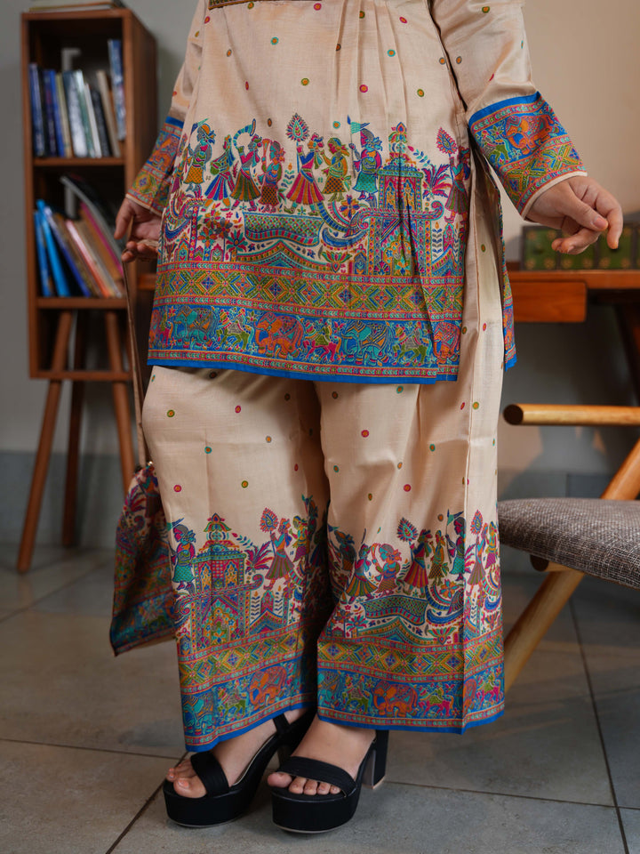 Beige Multicolor Cotton Printed Kurta-Pant Set with Handbag