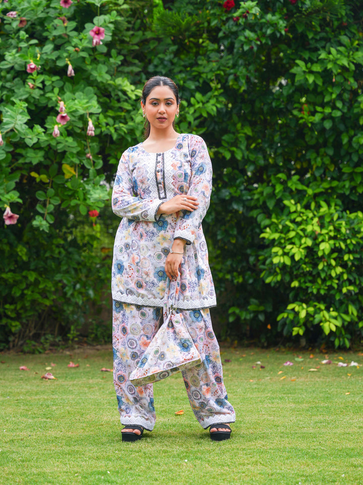 Pastel Floral Printed Cotton Suit Set with Matching Handbag