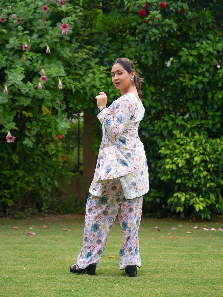 Pastel Floral Printed Cotton Suit Set with Matching Handbag