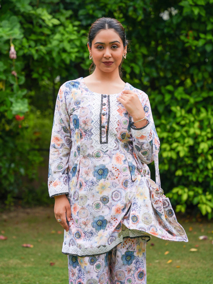 Pastel Floral Printed Cotton Suit Set with Matching Handbag