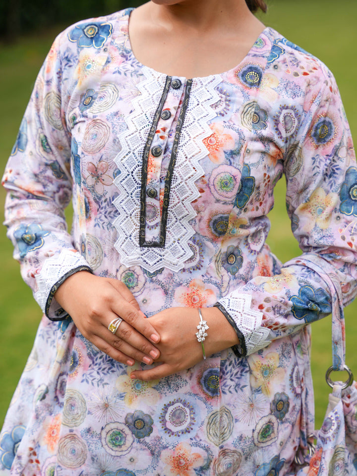 Pastel Floral Printed Cotton Suit Set with Matching Handbag