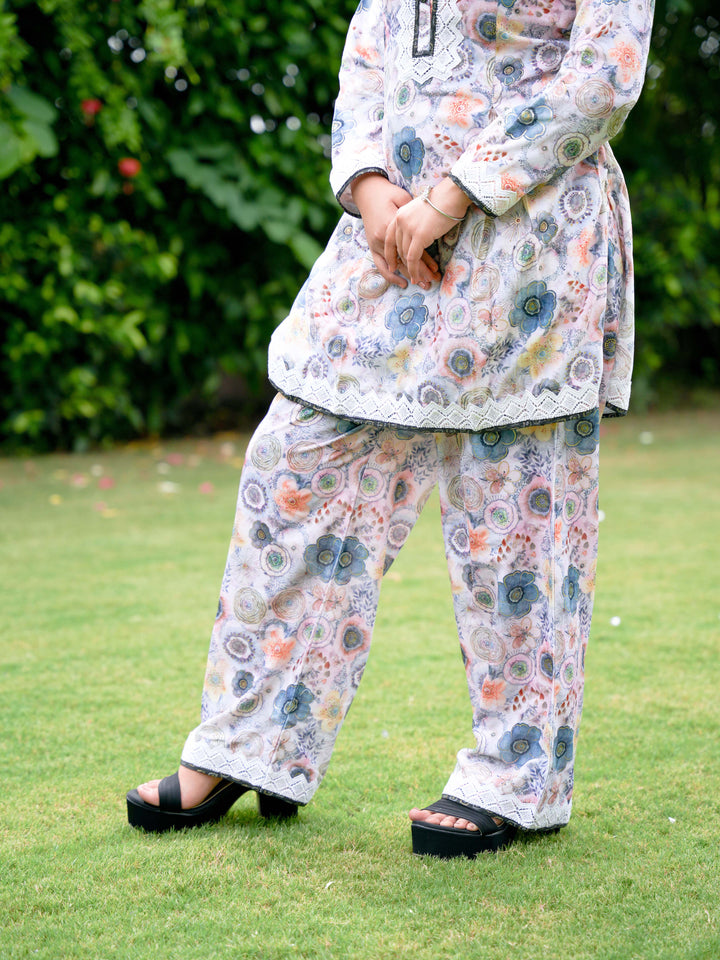 Pastel Floral Printed Cotton Suit Set with Matching Handbag