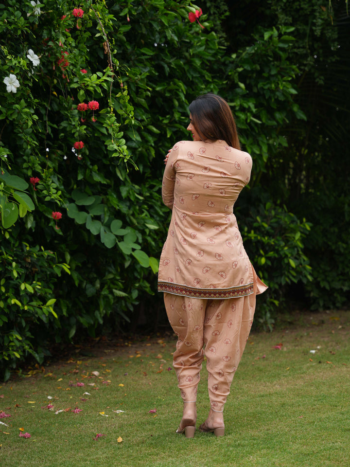 Star Light Pink Printed Cotton Kurta-Pant Set with Matching Handbag
