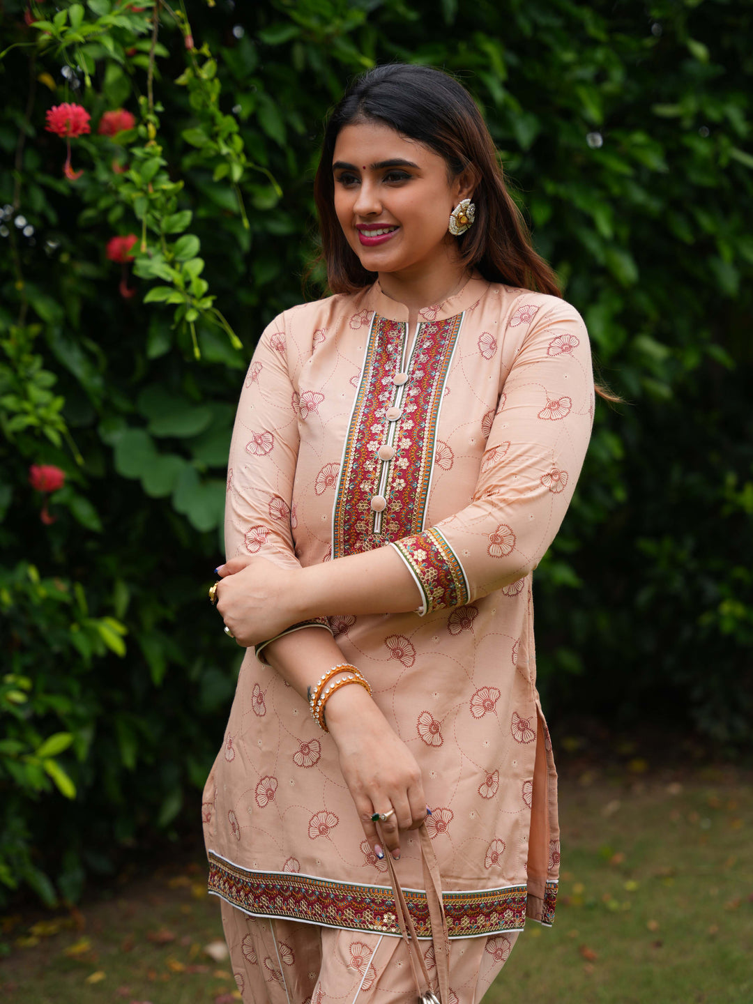 Star Light Pink Printed Cotton Kurta-Pant Set with Matching Handbag
